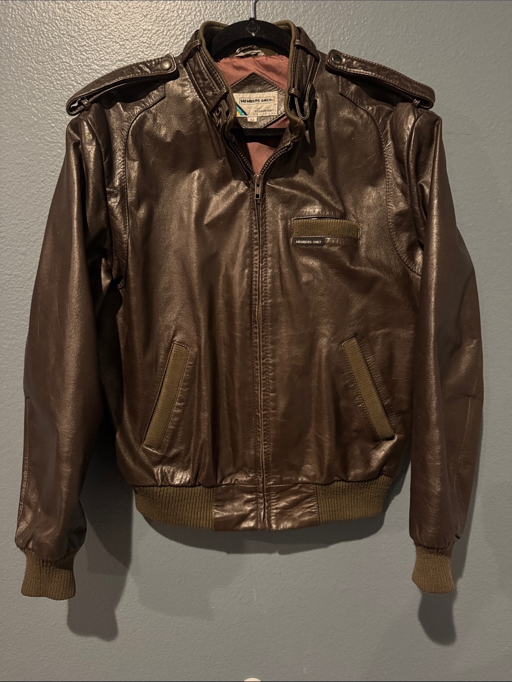 Members Only Dark Brown Leather Bomber Jacket with Epaulets